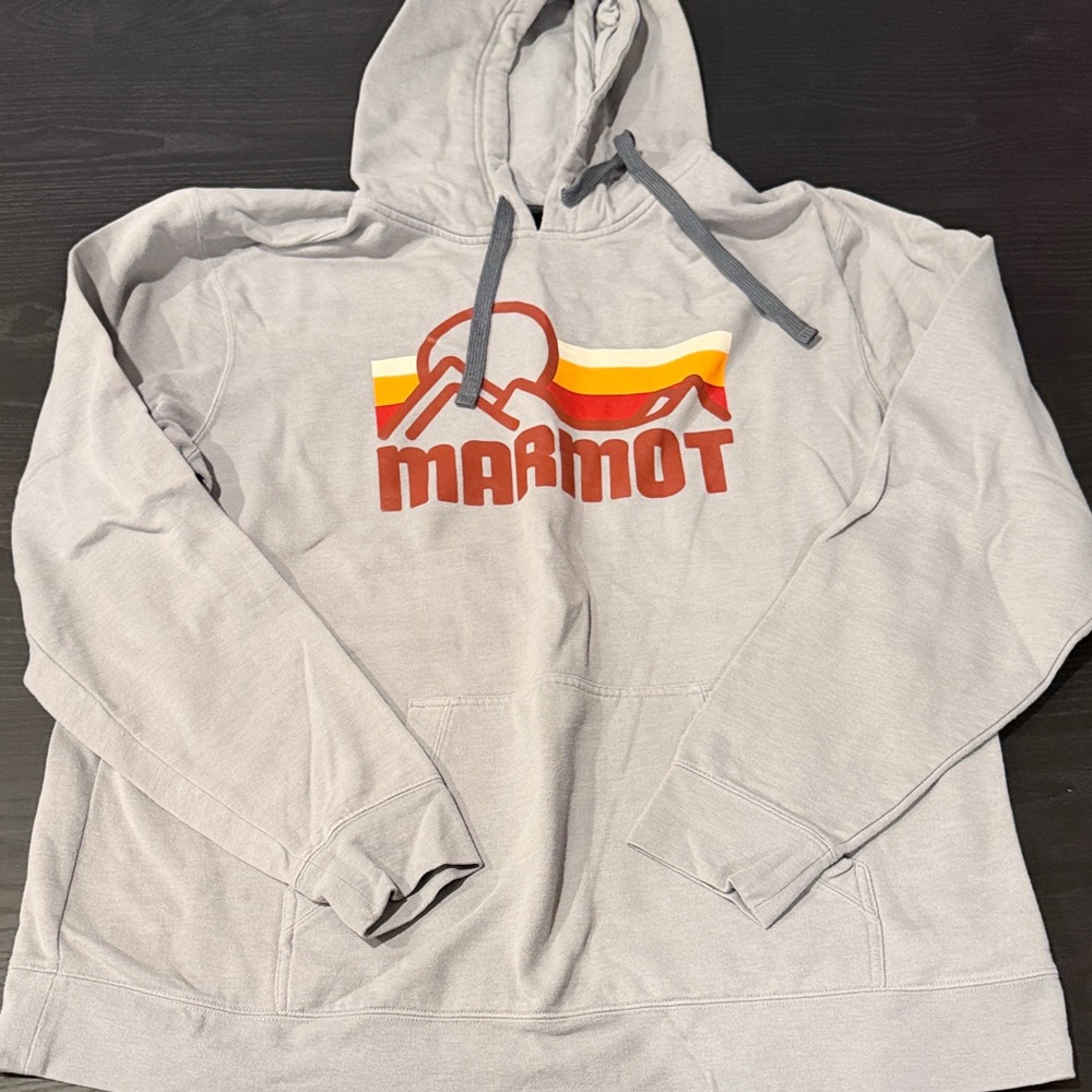 Marmot Light Gray Hoodie with Red and Yellow Logo
